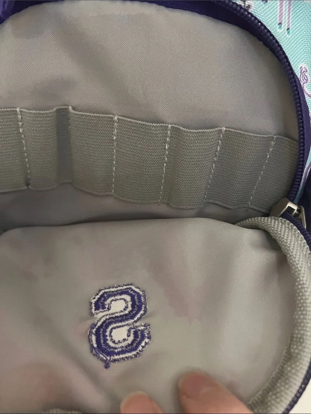 Kids Unicorn Print Mini Backpack in Light Blue and Purple. Monogrammed Letter S.